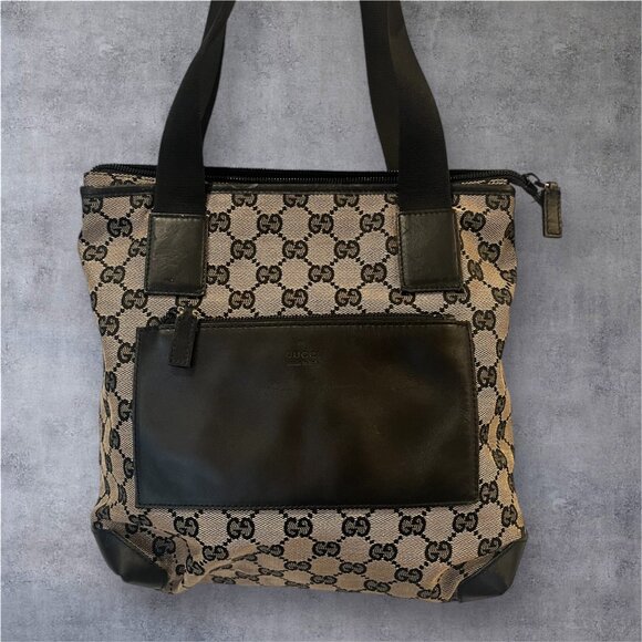 Gucci GG Canvas and Black Leather Tote Bag - Picture 1 of 10